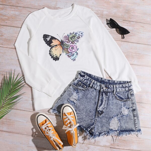 

Butterfly And Floral Print Raglan Sleeve Sweatshirt, White