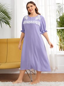 SHEIN Plus Flounce Sleeve Lace Trim Dress - Lilac Purple - View 4