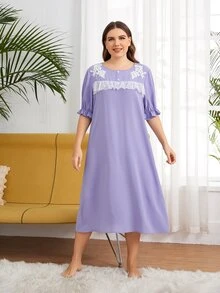 SHEIN Plus Flounce Sleeve Lace Trim Dress - Lilac Purple - View 3