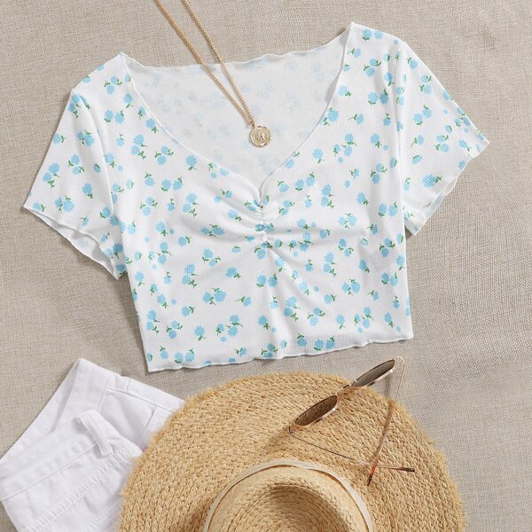 

Ditsy Floral Ruched Crop Tee, White