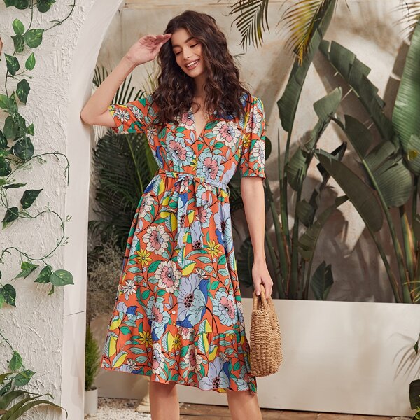 

Button Front Belted Floral Dress, Multicolor