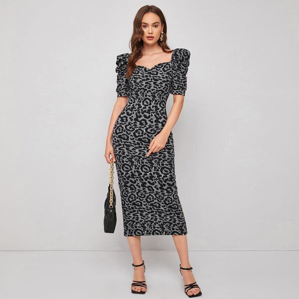 

Leopard Print Puff Sleeve Slit Hem Dress, Multicolor
