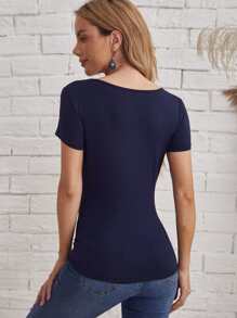 SHEIN Frenchy Camiseta unicolor escote V - Azul Marino - Ver 2