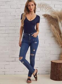SHEIN Frenchy Camiseta unicolor escote V - Azul Marino - Ver 3