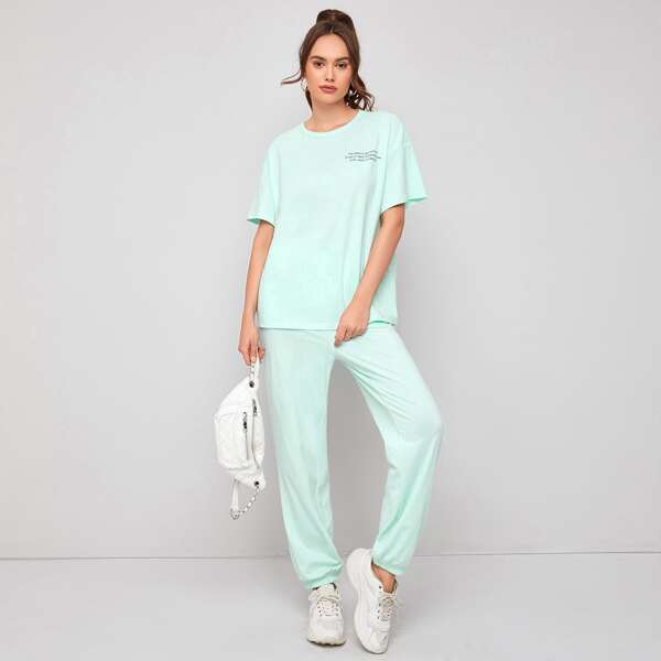

Drop Shoulder Slogan Graphic Tee & Joggers Set, Mint green