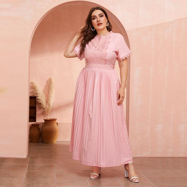 

Plus Contrast Lace Pleated Hem A-line Dress, Baby pink