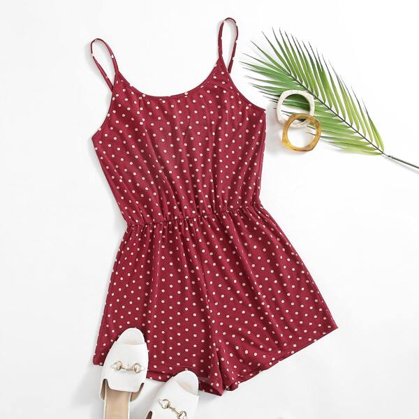 

Polka Dot Cami Romper, Burgundy