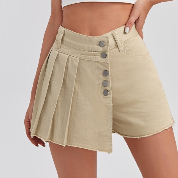 

Button Through Pleated Denim Shorts, Khaki