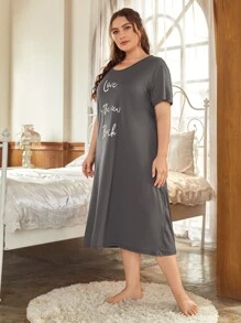 Váy ngủ họa tiết khẩu hiệu quá khổ - Màu xám đen - Xem 5