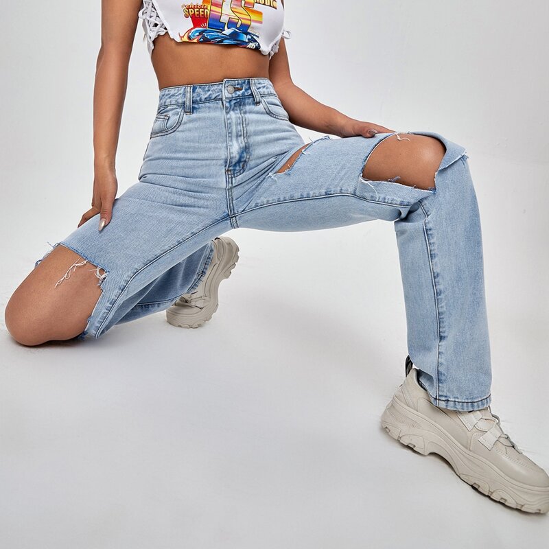 

High Waist Ripped Straight Jeans, Light wash