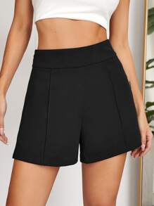 SHEIN EZwear Quần short Dây kéo màu trơn màu đen Giải trí - màu đen - Xem 1