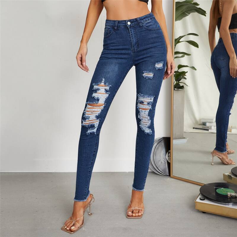 

Raw Hem Ripped Skinny Jeans, Dark wash