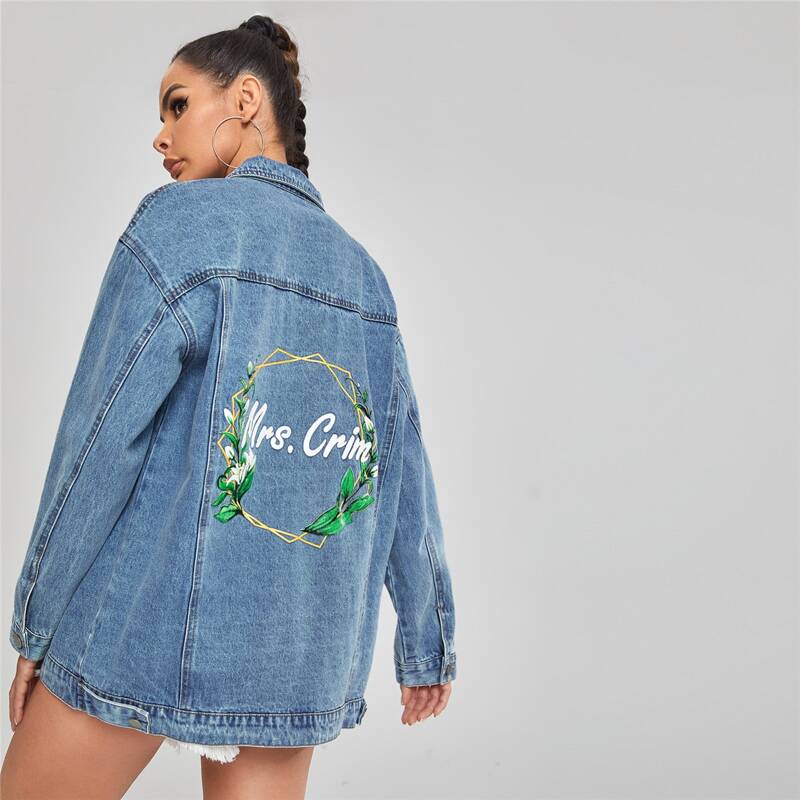 

Floral And Letter Graphic Drop Shoulder Denim Jacket, Medium wash