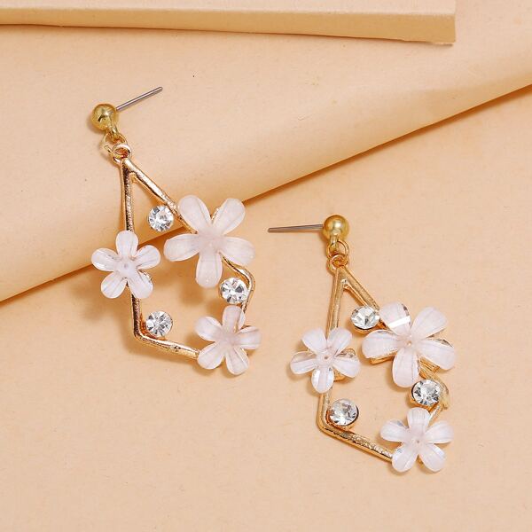 

Flower & Rhinestone Decor Geo Drop Earrings, White