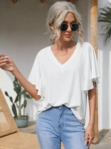 SHEIN LUNE Camiseta unicolor de manga mariposa - Blanco - Ver 1