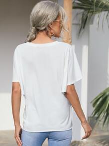 SHEIN LUNE Camiseta unicolor de manga mariposa - Blanco - Ver 2