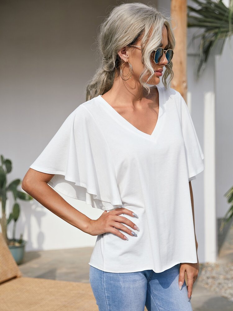 SHEIN LUNE Butterfly Sleeve Solid Tee - White - View 3