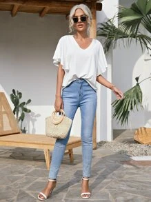 SHEIN LUNE Camiseta unicolor de manga mariposa - Blanco - Ver 4