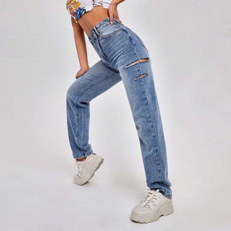 

High Waist Slant Pocket Straight Jeans, Medium wash