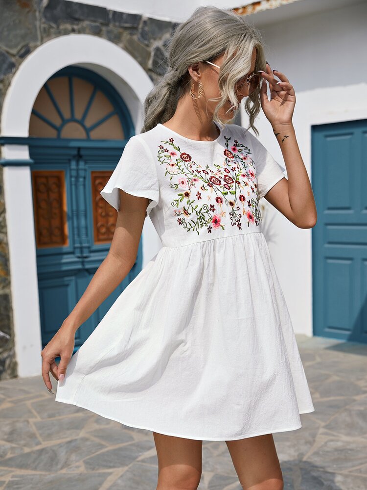 SHEIN Floral Embroidered Dress - White - View 6