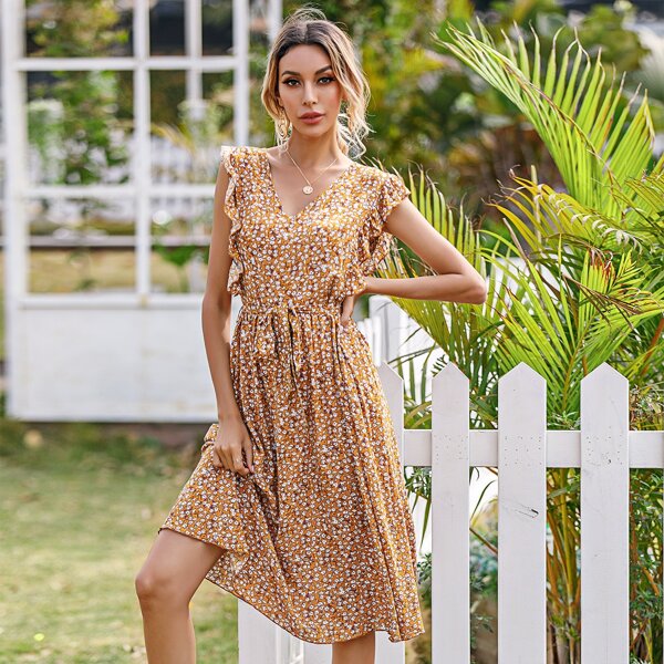 

Ditsy Floral Print Ruffle Trim Belted Dress, Multicolor