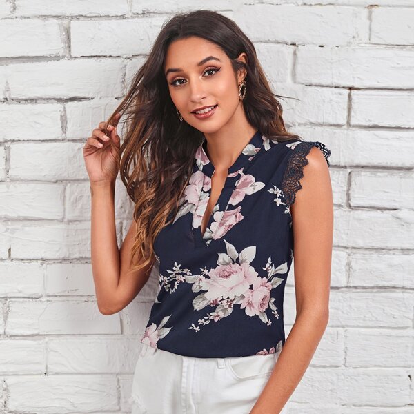 

Notch Neck Guipure Lace Trim Floral Top, Multicolor