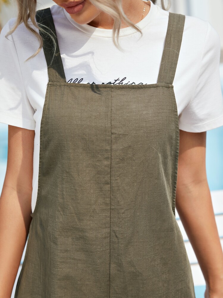 SHEIN Unity Solid Rolled Hem Pinafore Romper - Army Green - View 3