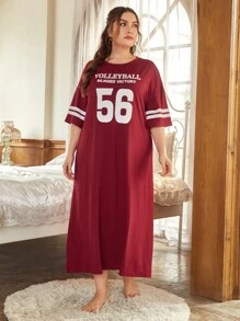 大碼字母圖案睡裙 - 酒紅色 - 查看 1