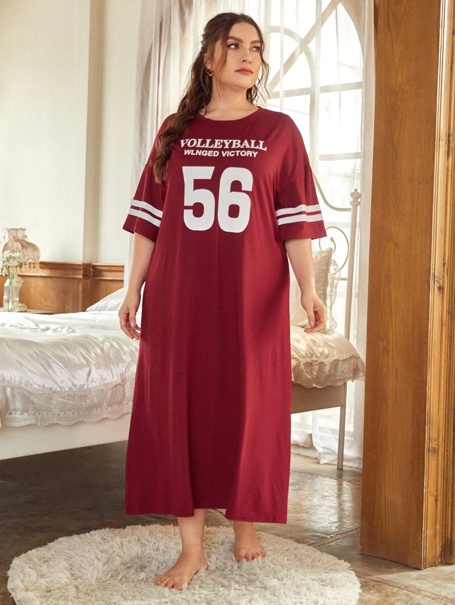 大碼字母圖案睡裙 - 酒紅色 - 查看 1