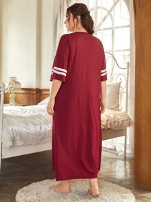 大碼字母圖案睡裙 - 酒紅色 - 查看 2