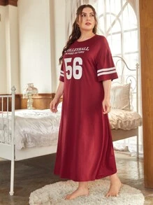 大碼字母圖案睡裙 - 酒紅色 - 查看 4