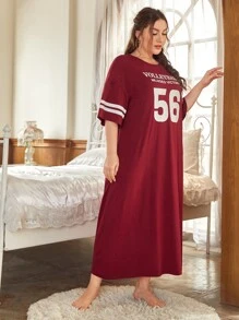 大碼字母圖案睡裙 - 酒紅色 - 查看 5