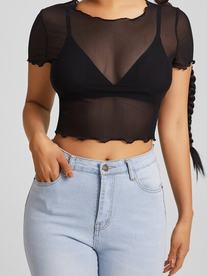 Lettuce Trim Sheer Mesh Crop Top Without Bra, Going Out Top