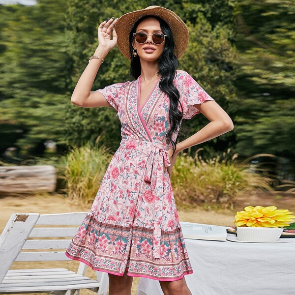 

Floral Tie Side Ruffle Hem Wrap Dress, Multicolor