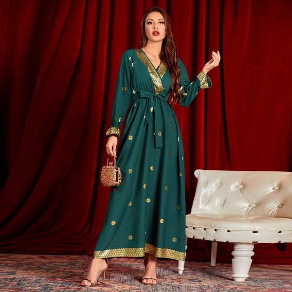 

Gilding Floral Surplice Front Belted Maxi Dress, Dark green