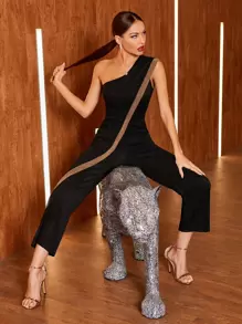 Mulvari One Shoulder Contrast Panel Jumpsuit