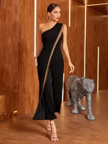 Mulvari One Shoulder Contrast Panel Jumpsuit