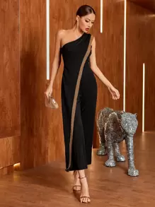 Mulvari One Shoulder Contrast Panel Jumpsuit