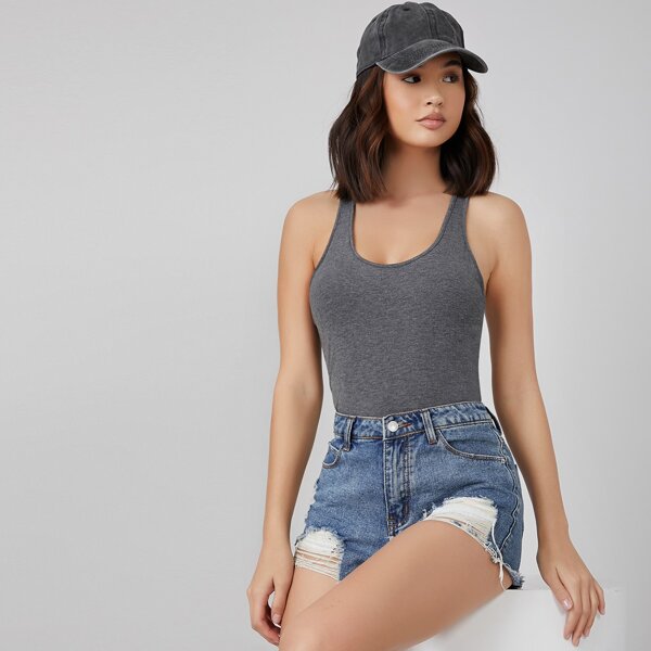 

Scoop Neck Racerback Form Fitted Bodysuit, Dark grey