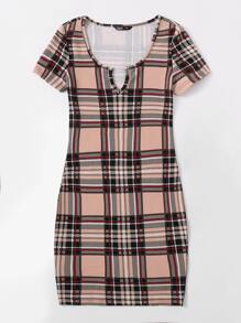 SHEIN EZwear 大碼缺口領格紋連衣裙 - 彩色 - 查看 6