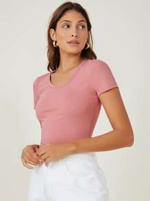 SHEIN BASICS Cotton Cap Sleeve Fitted Tee - Dusty Pink - View 3