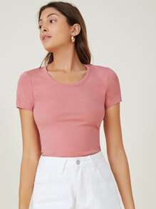 SHEIN BASICS Cotton Cap Sleeve Fitted Tee - Dusty Pink - View 5