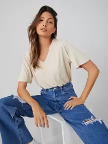 SHEIN BASICS V-neck Solid Tee - Beige - View 1