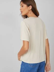 SHEIN BASICS V-neck Solid Tee - Beige - View 2
