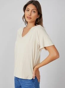 SHEIN BASICS V-neck Solid Tee - Beige - View 3