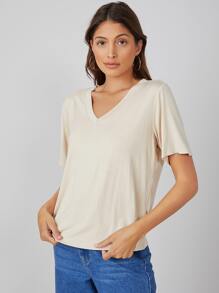 SHEIN BASICS V-neck Solid Tee - Beige - View 4
