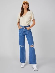 SHEIN BASICS V-neck Solid Tee - Beige - View 5