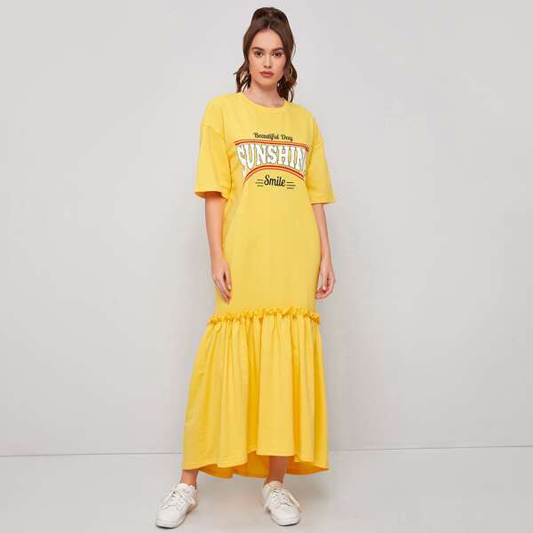 

Letter Graphic Frill Trim Dress, Yellow bright