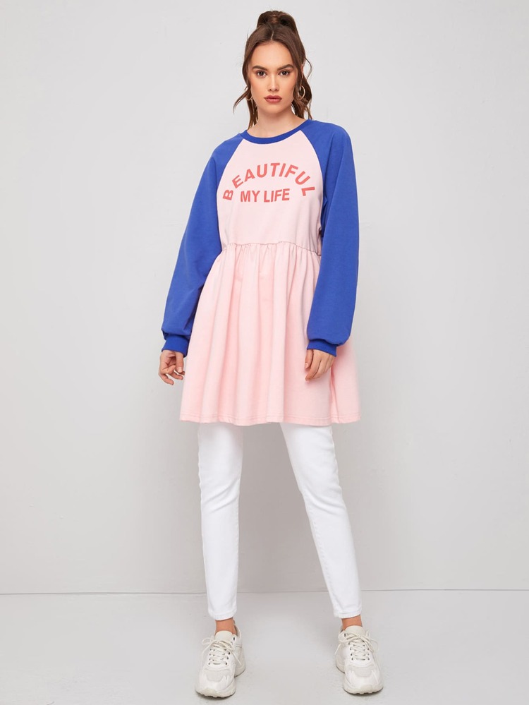 SHEIN Unity 標語圖案插肩袖荷葉邊下擺套頭衫 - 淺粉色 - 查看 3