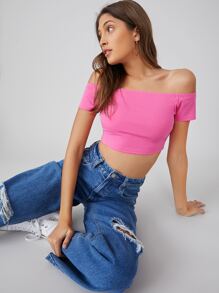 SHEIN BASICS 含棉一字肩素色短款T恤 - 粉色 - 查看 1